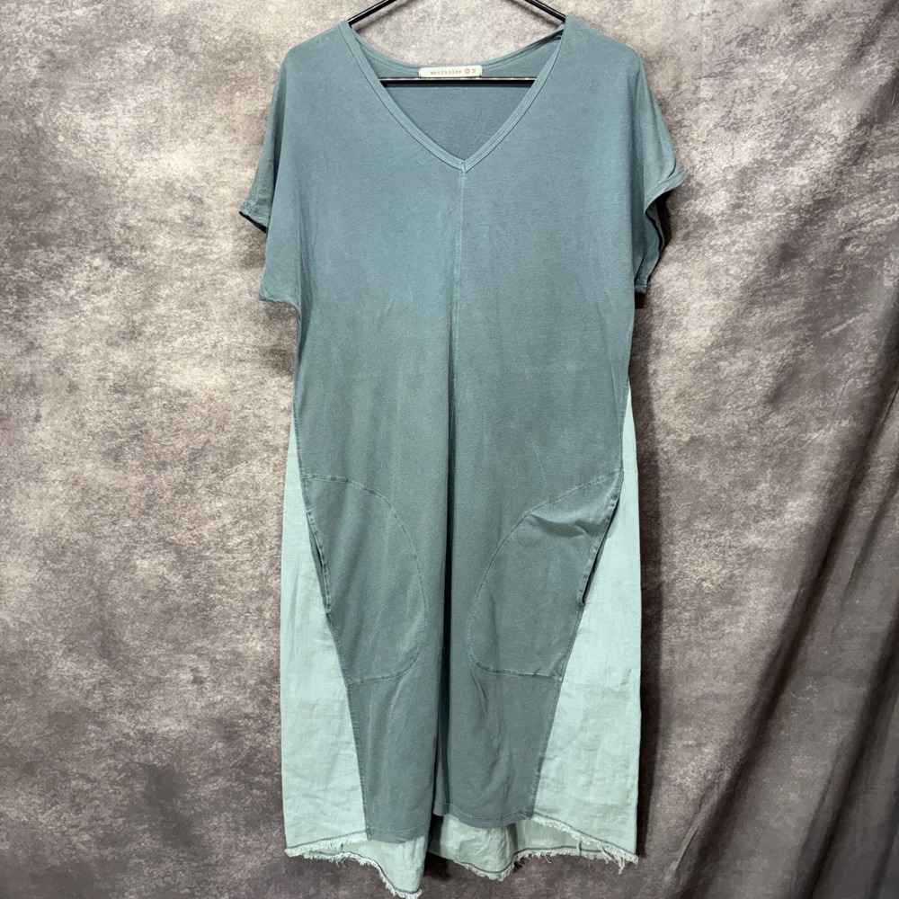 Wearables XCVI Colorblock Shift T-Shirt Dress Size M Blue Green Linen Cotton